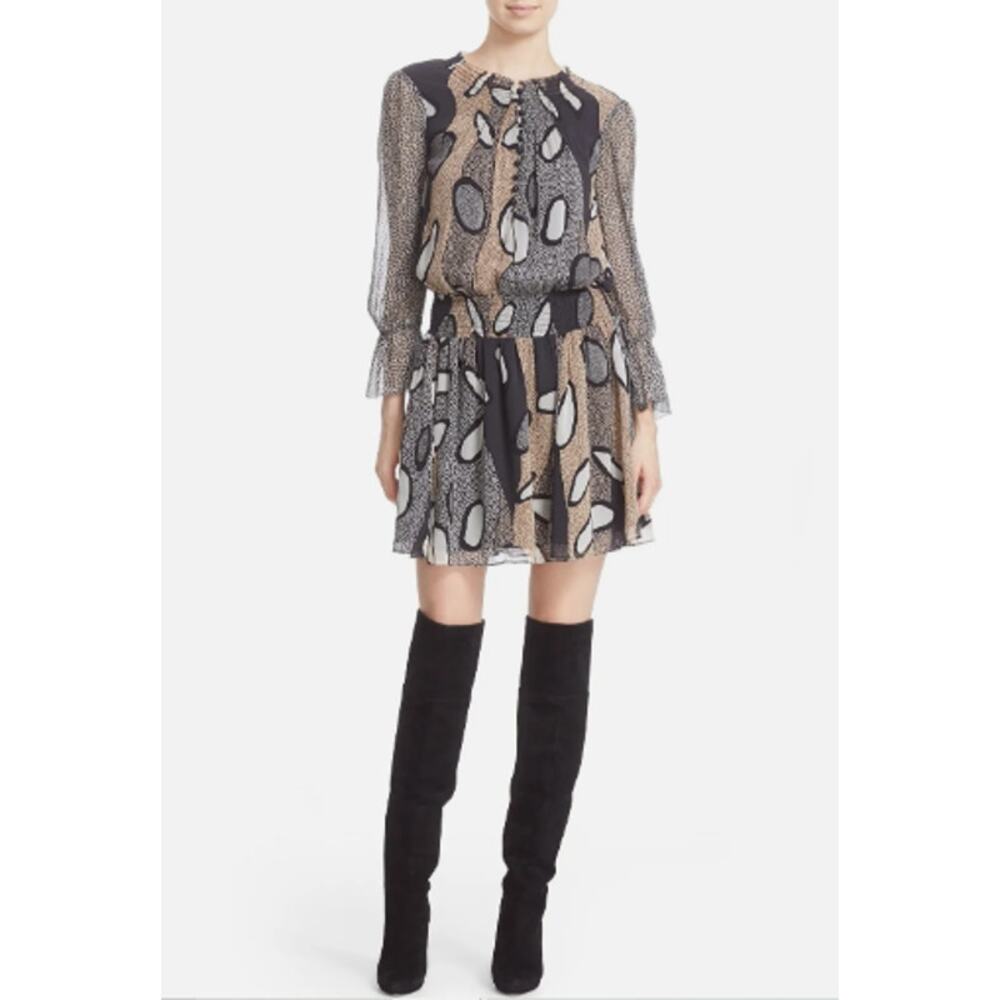 Diane Von Furstenberg Kelley Printed Blouson Dress Silk Smocked Brown Black Sz 6